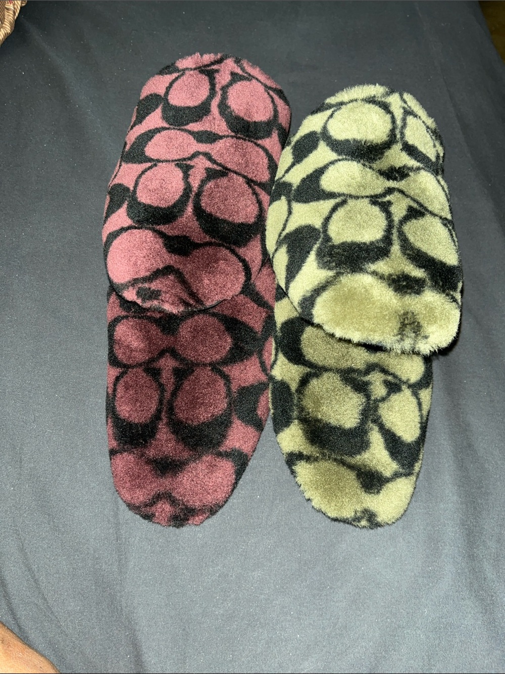 Coach Signature Sherling Slippers - Burgundy & Olive